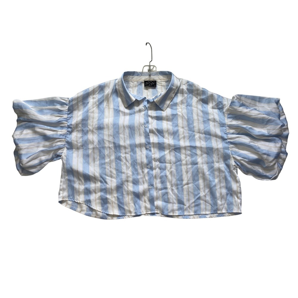 Milk & Honey Blue White Striped Puff Sleeve Button Up Blouse Top XL 41877T-3 - Picture 3 of 9